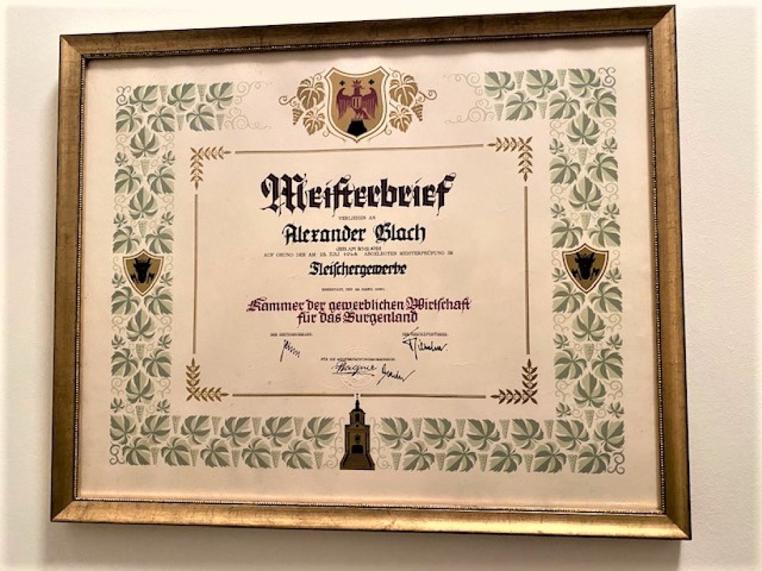 Fleischergewerbe: Meisterbrief von Alexander Blach jun. (*1922/+2012) - Hauptplatz 7