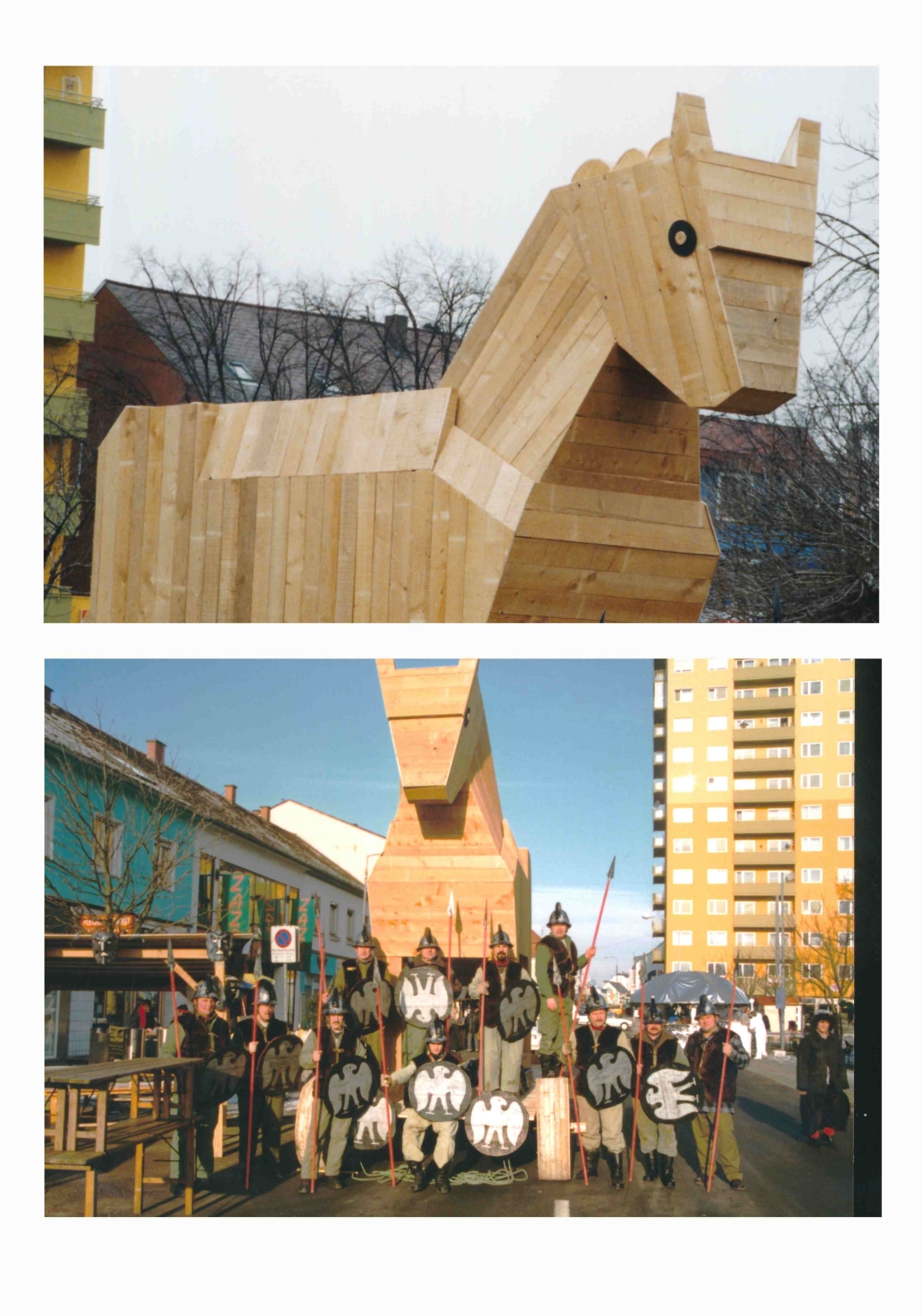 Die Feuerwehr vor ihrem "Trojanischen Pferd" anlässlich der IGFD-Veranstaltung am Faschingsdienstag - Imre/Tullmann/Szabo/Seper/Gartner/Völkner/Gabriel/Zambo/Kelemen/Benedek/Eberhard