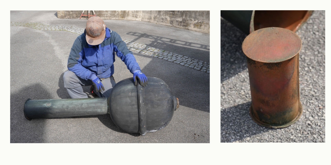 Röm. kath. Pfarre: "Kugel" und Zeitkapsel bei Abnahme des Turmkreuzes 2024 -  Aufbahrungskirche Maria Himmelfahrt