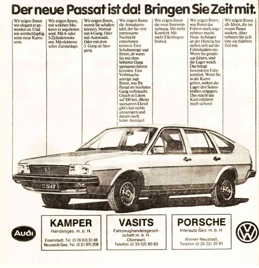 Anzeige der VW- und Audi-Betriebe Vasitz (auch Vasits) in Oberwart, Kamper und Porsche Interauto zur Vorstellung des neuen VW Passat 1980