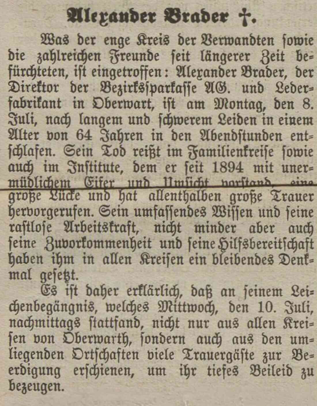 Bericht in der Oberwarther Sonntags-Zeitung vom 14. Juni 1929 zum Tod von Alexander Brader (Lederfabrikant, *1865/+1929) - Johann Straußgasse 17-21