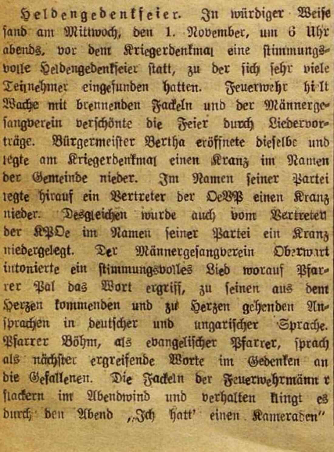 Artikel in der Oberwarther Sonntagszeitung vom 5. November 1950: Heldengedenkfeier vor dem Kriegerdenkmal