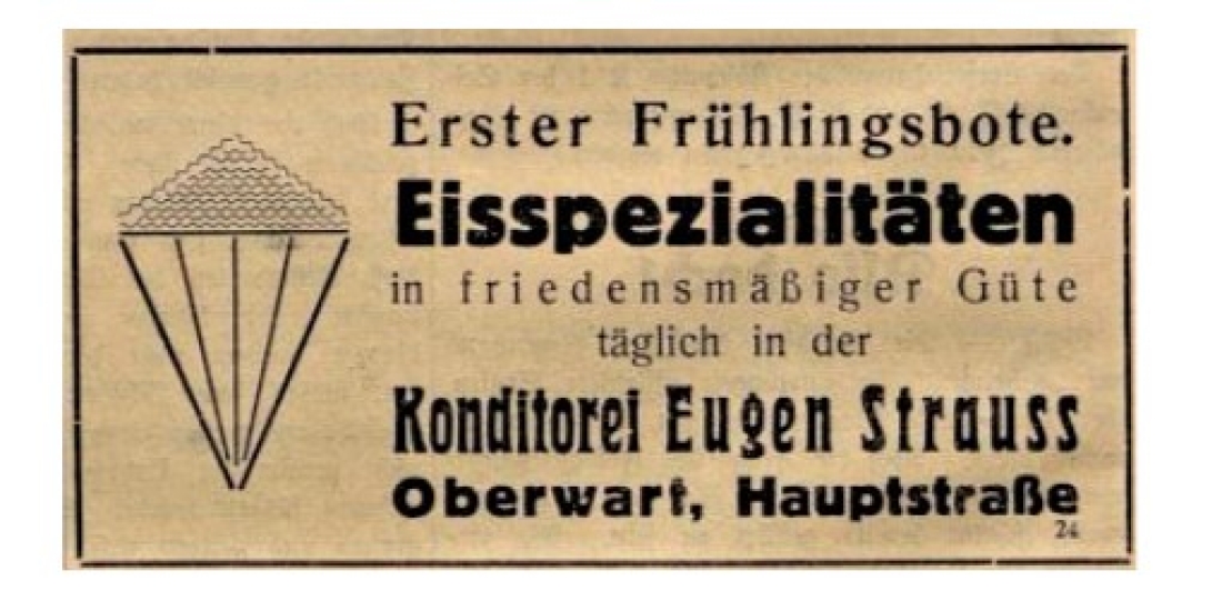 Konditorei Eugen Strauss (Steinamangererstraße 14): Einschaltung in der Oberwarter Zeitung - OZ vom 8. Mai 1949