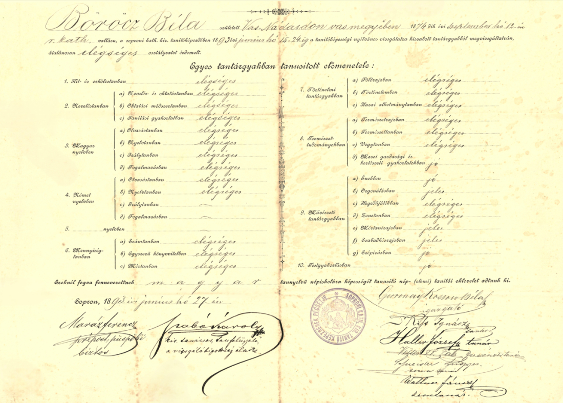 Bela Böröcz (*1874/+1948): Zeugnis Lehrerbildungsinstitut Sopron / Ödenburg