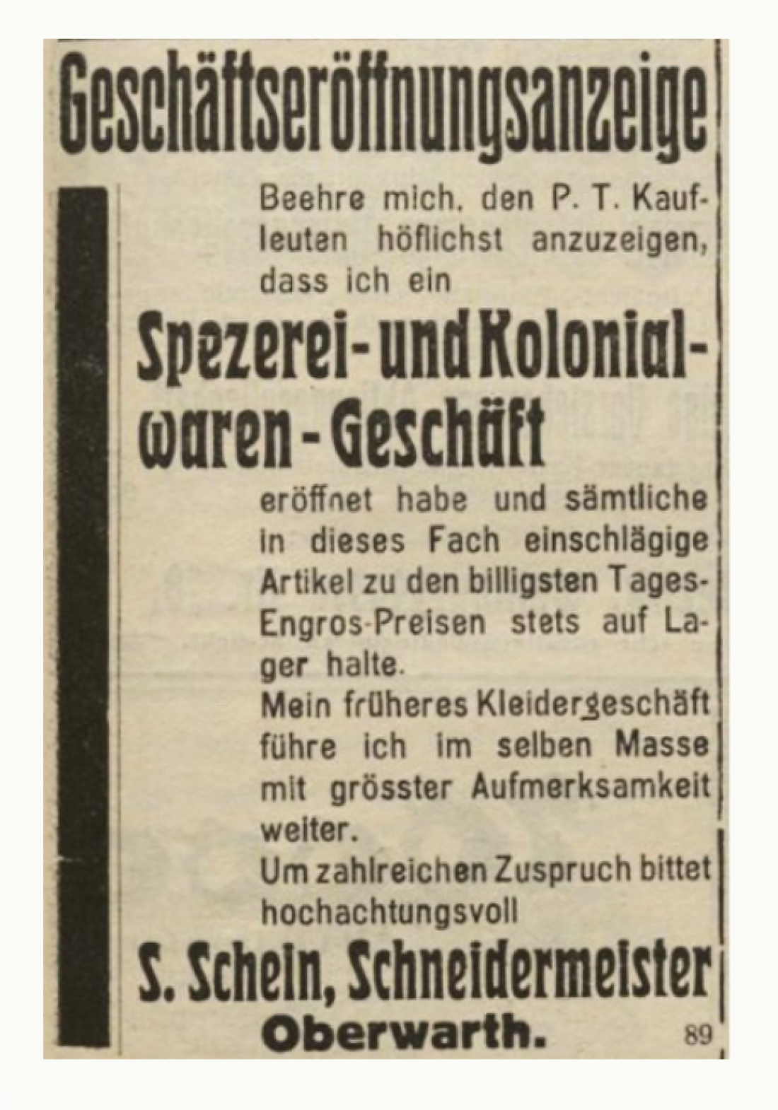 Geschäftsanzeige von Sanal Schein "Spezereien und Kolonialwarengeschäft" Lizstgasse 3 in der Oberwarther Sonntags = Zeitung vom 29. Jänner 1928
