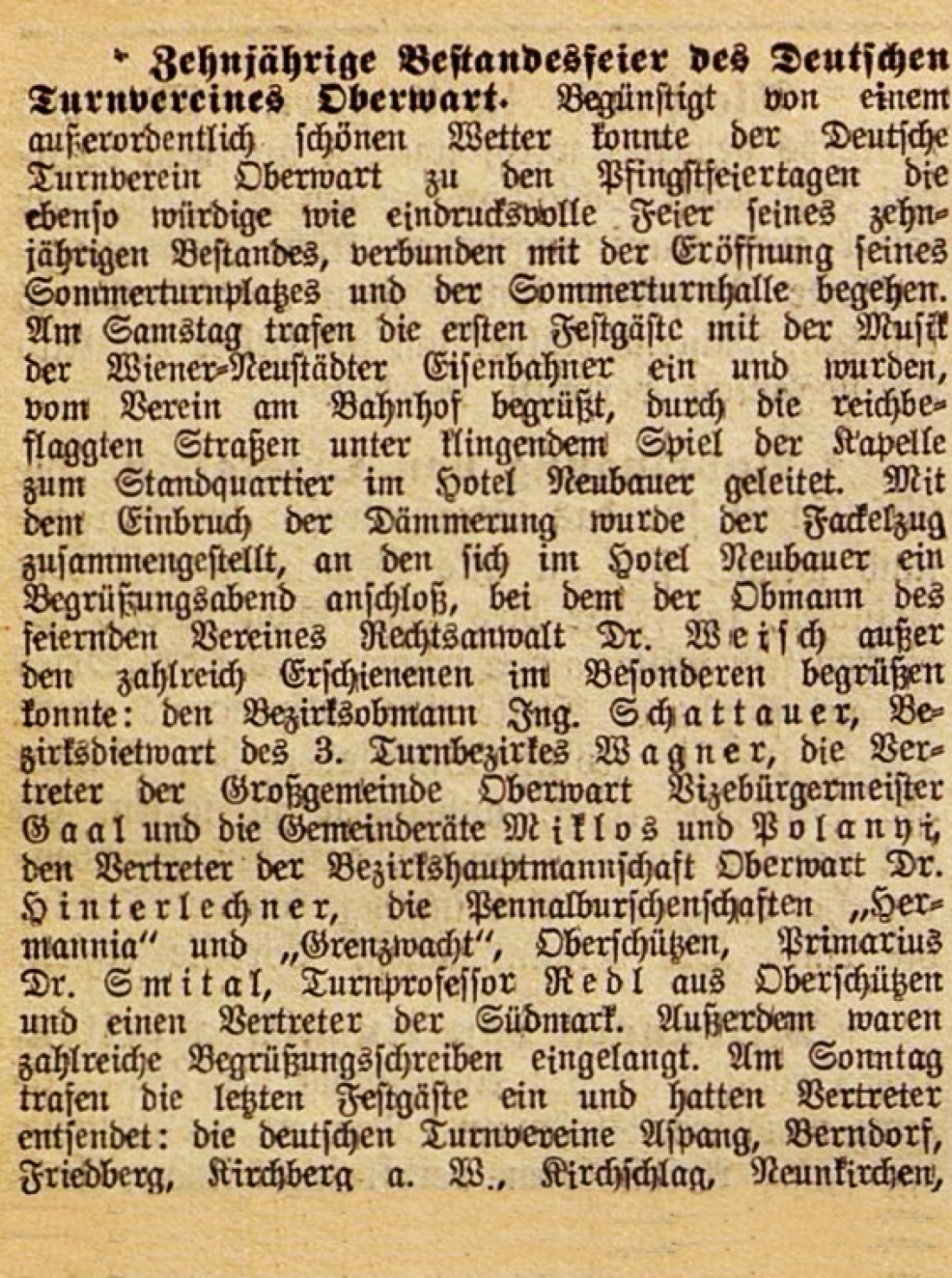 Artikel in der Oberwarther Sonntags = Zeitung vom 22. Mai 1932: Zehnjährige Bestandesfeier des Deutschen Turnvereines Oberwart mit Eröffnung des Sommerturnplatzes und der Sommerturnhalle