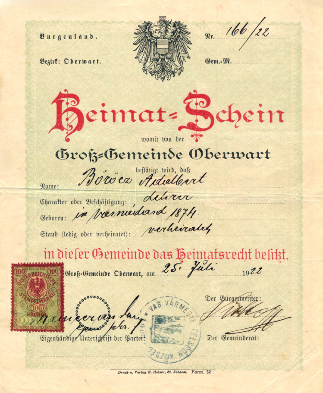 Heimatschein des Bela bzw. Adalbert Böröcz (röm. kath. Lehrer, *1874/+1948) - OW 585 / Steinamangererstraße 47