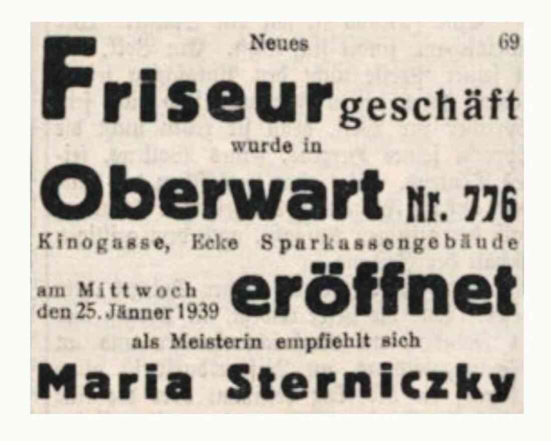 Anküdigung in der Oberwarther Sonntags-Zeitung vom 29. Jänner 1939: Neueröffnung des Friseurgeschäfts der Maria Sterniczky im Haus Wiener Straße 18