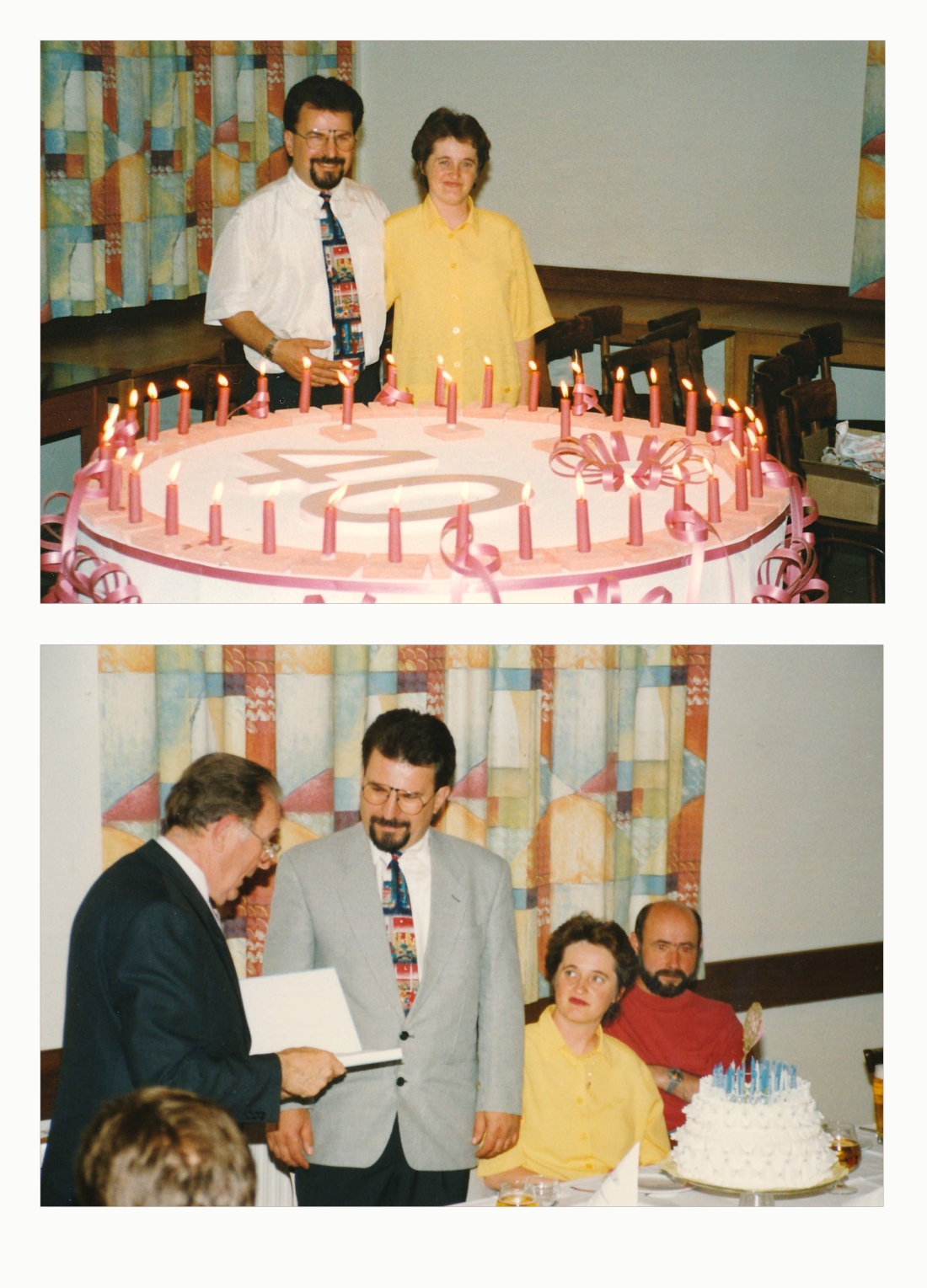 Stadtfeuerwehr: die Wehr und Bgm. Michael Racz gratulieren Kdt. Ernst Imre mit zwei speziellen Torten zum 40-er
