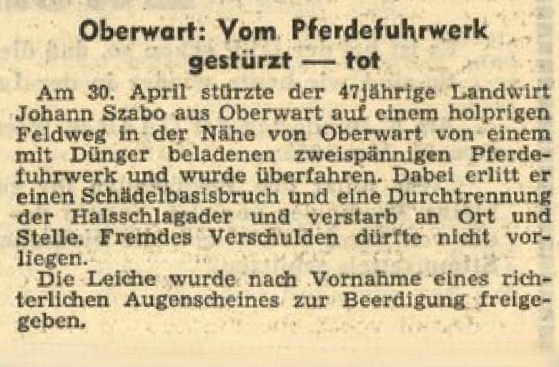 Bericht in der BF vom 5. Mai 1962 über den tragischen Unfalltod von Johann Szabo  (*1915/+1962) - Pinkagasse 24