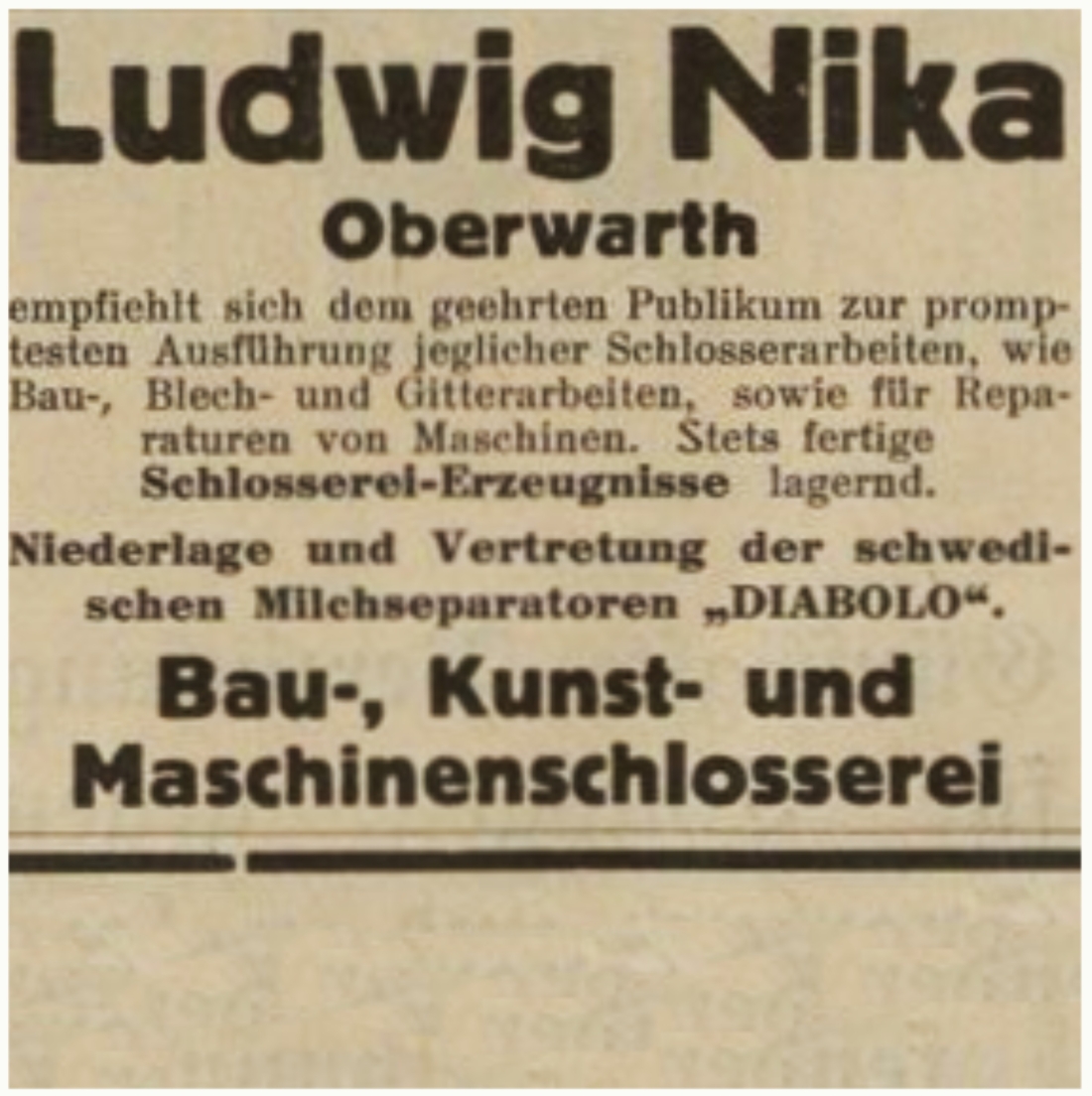 Oberwarther = Sonntagszeitung 1928: Inserat der Fa. Bau-, Kunst- und Maschinenschlosserei Ludwig Nika - OW 725 (Schlainingerstraße 18)