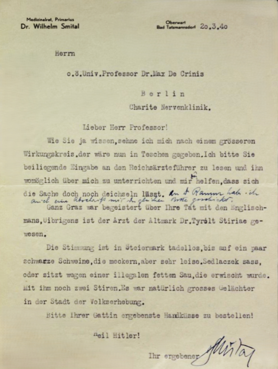 NAZI: Brief von Gauärzteführer Prim. Dr. Smital an SS-Standartenführer Dr. Max de Crinis
