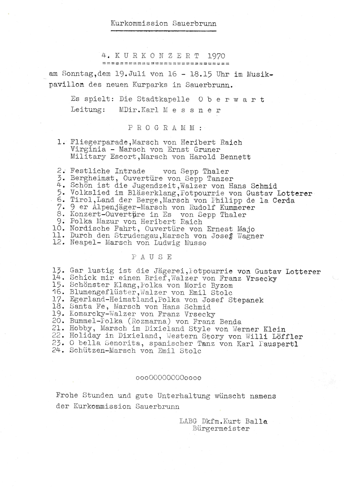 Stadtkapelle: Programm des Kurkonzerts in Bad Sauerbrunn am 9. Juli 1970