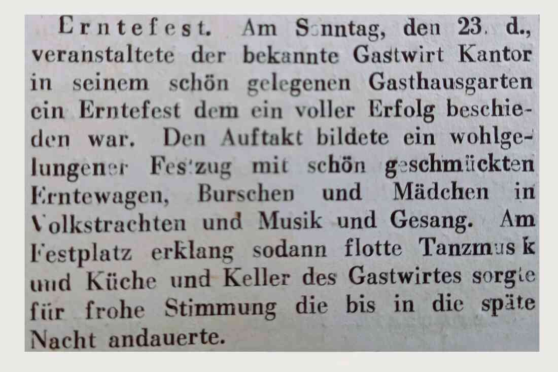 Bericht über ein "Erntefest im Gasthaus Kantor" in der Oberwarter Zeitung vom 30. August 1953