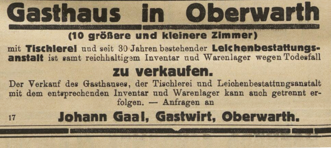 Anzeige zum Verkauf des Gasthauses Janos Gaal mit Tischlerei und Leichenbestattung (OW 111 / Steinamangererstraße 24) - später Bestattung Gangoly in der Oberwarther Sonntags = Zeitung vom 26. Dezember 1926