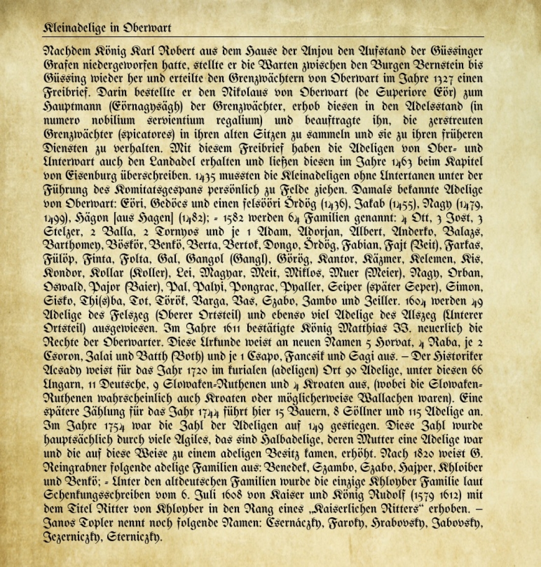 Daten zu den Oberwarter Kleinadeligen und zu Ritter von Khloyber