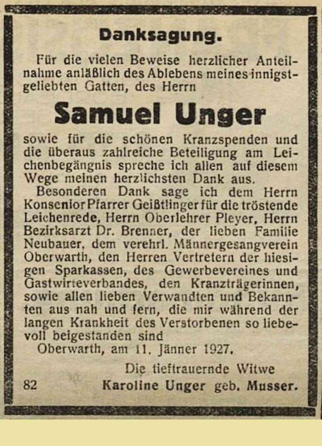 Danksagung in der Oberwarther Sonntags-Zeitung vom 16. Jänner 1927 anlässlich des Ablebens von Samuel Unger (*1857/+1927)