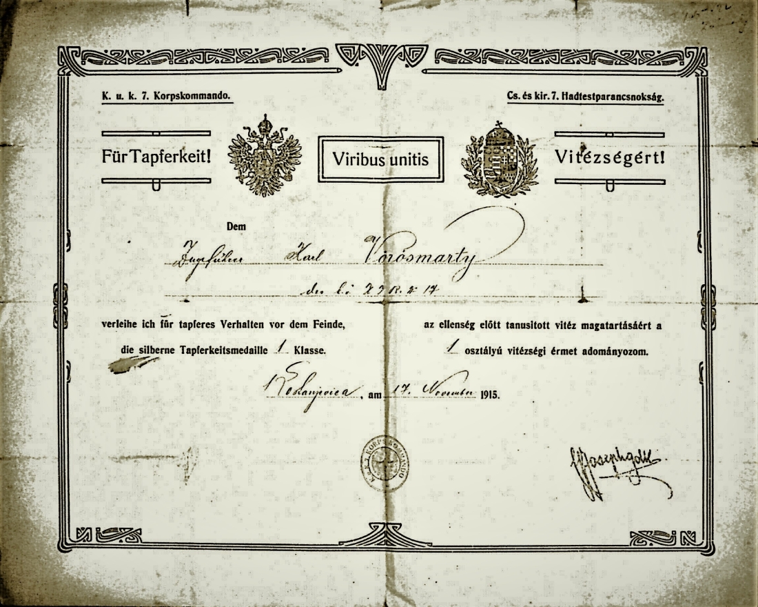 Verleihungsurkunde an Karl Vörösmarty (*1885 /+1951) zur Tapferkeitsmedaille